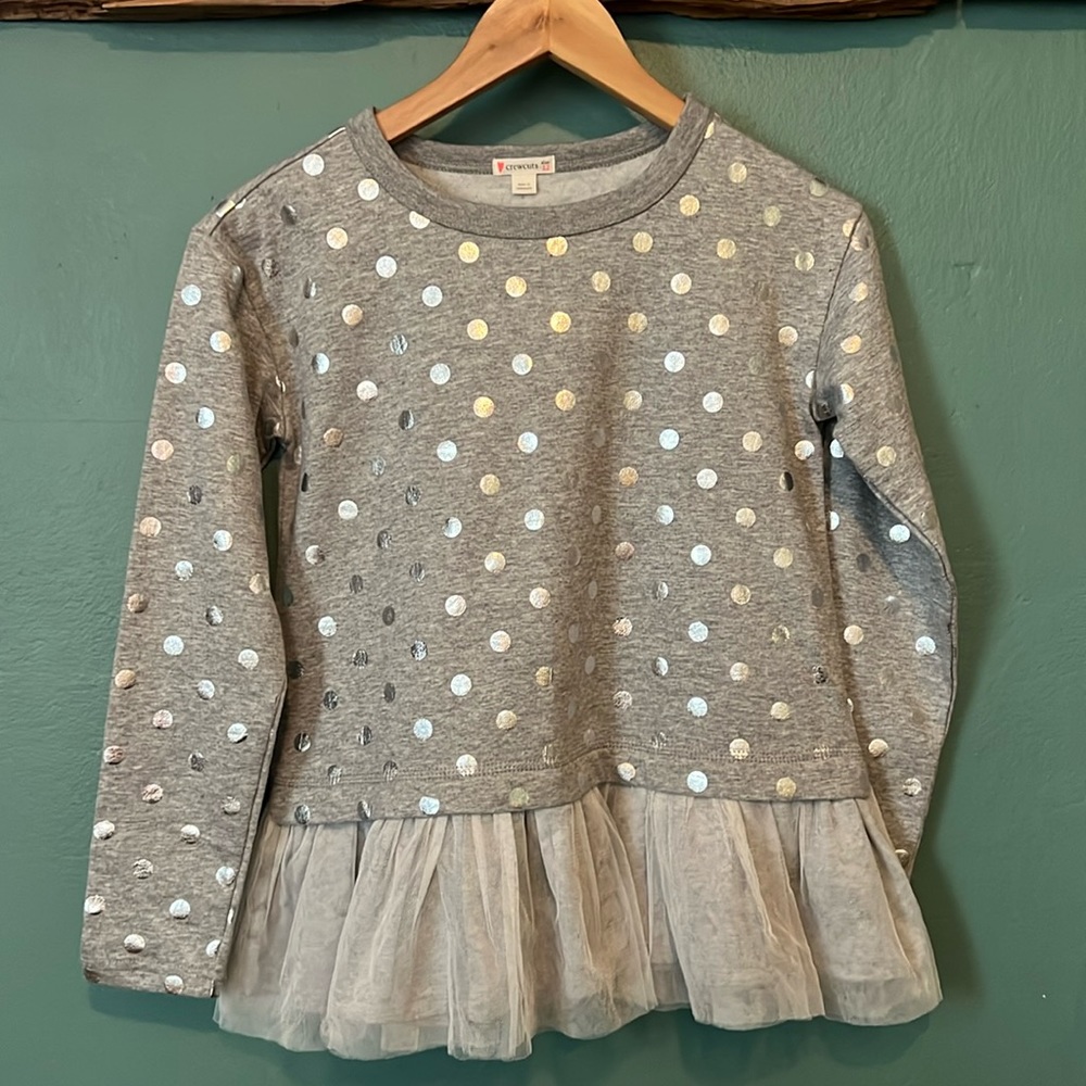 Crewcuts Gray Silver Polka  Dot Sweatshirt Tulle Trim Hem Girls Size 12